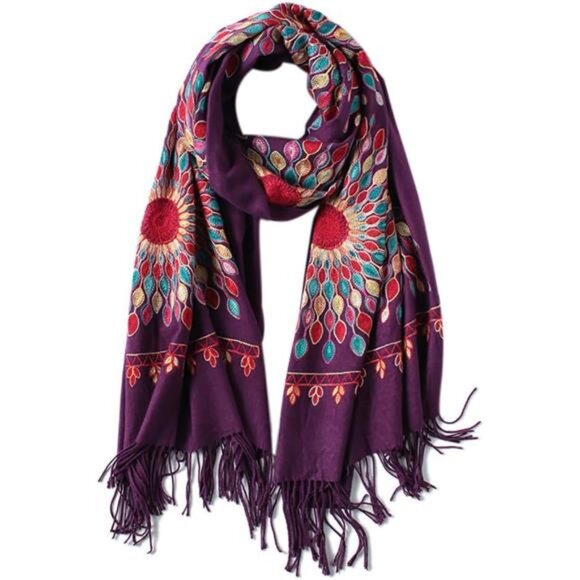 Women's Embroidered Oversize Shawl Scarf Purple